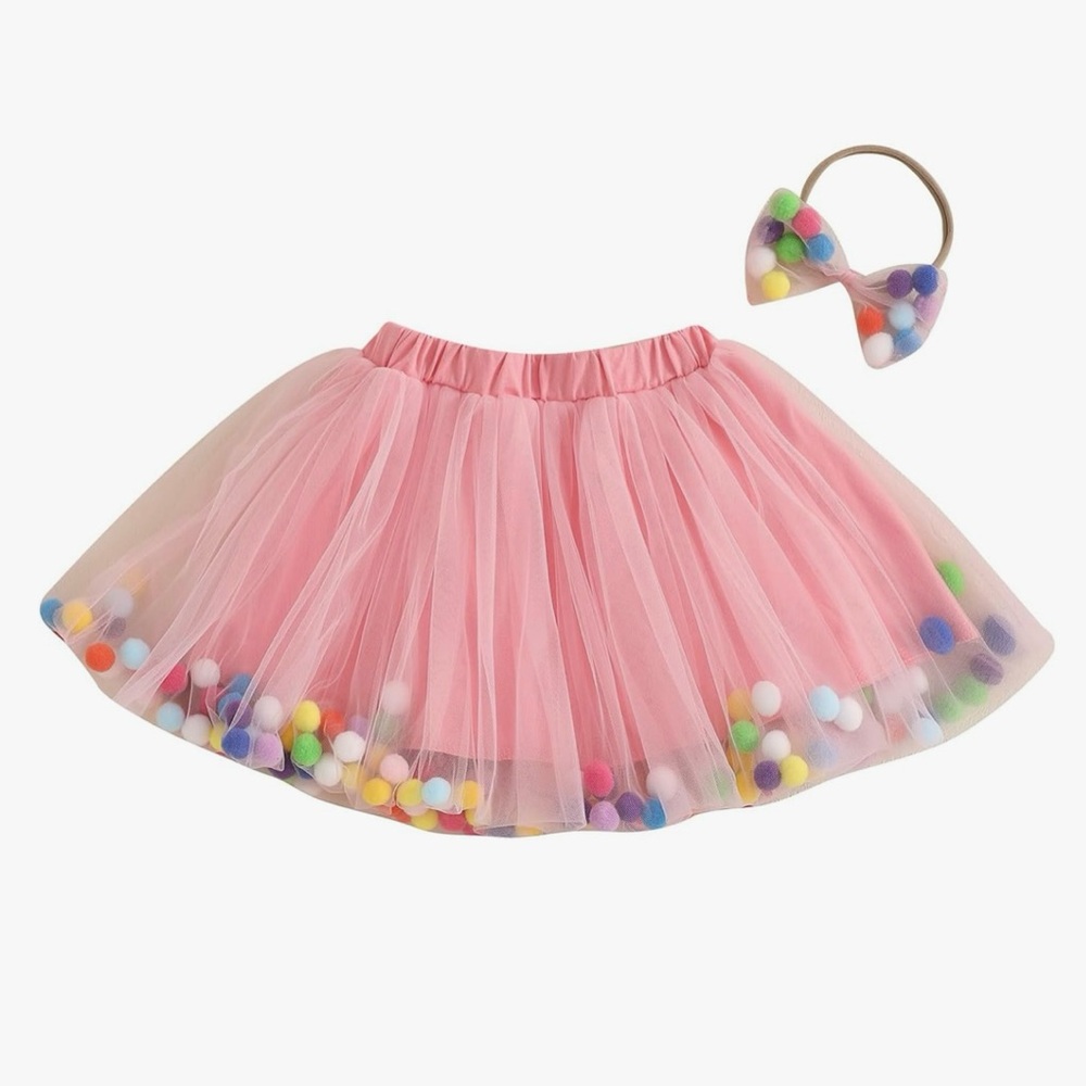 Pink Tulle Skirt with Pom Poms and Matching Headband